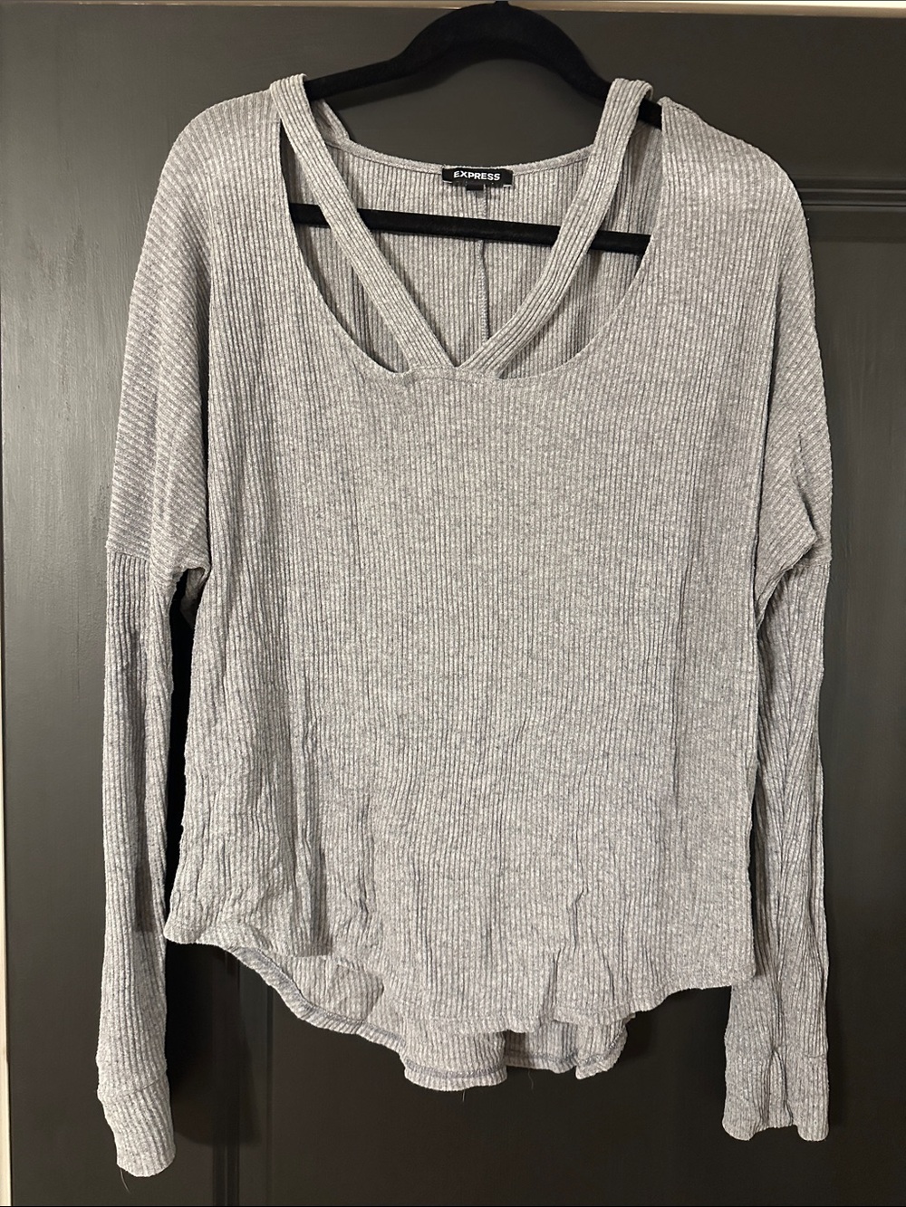 Express Light Gray Ribbed Long Sleeve Top with Crisscross Back Straps